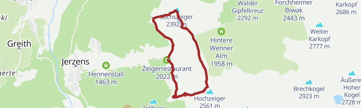 Route map: Panoramatour Hochzeiger - Sechszeiger - Kalbenalm - Mittelstation